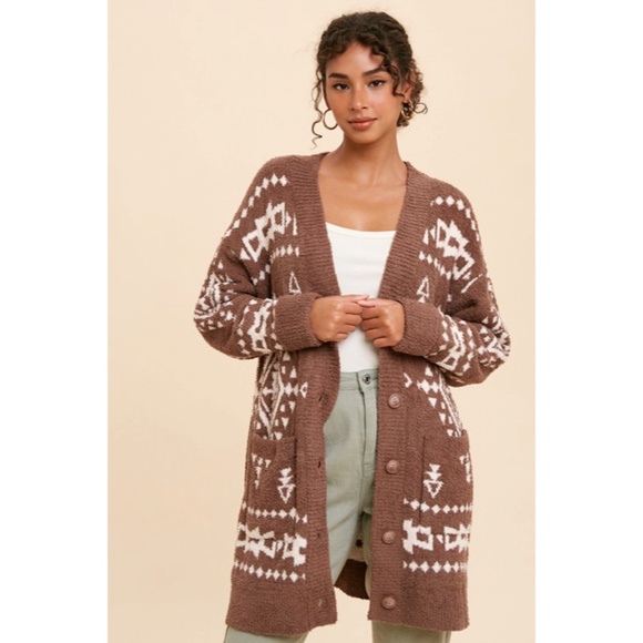 SOLD OUT Taupe Tribal Knit Soft Western Popcorn Textured Button Up Cardigan - Picture 2 of 6